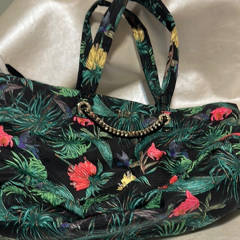 Victoria's Secret Black and Green Tote Bag with Tropical Design